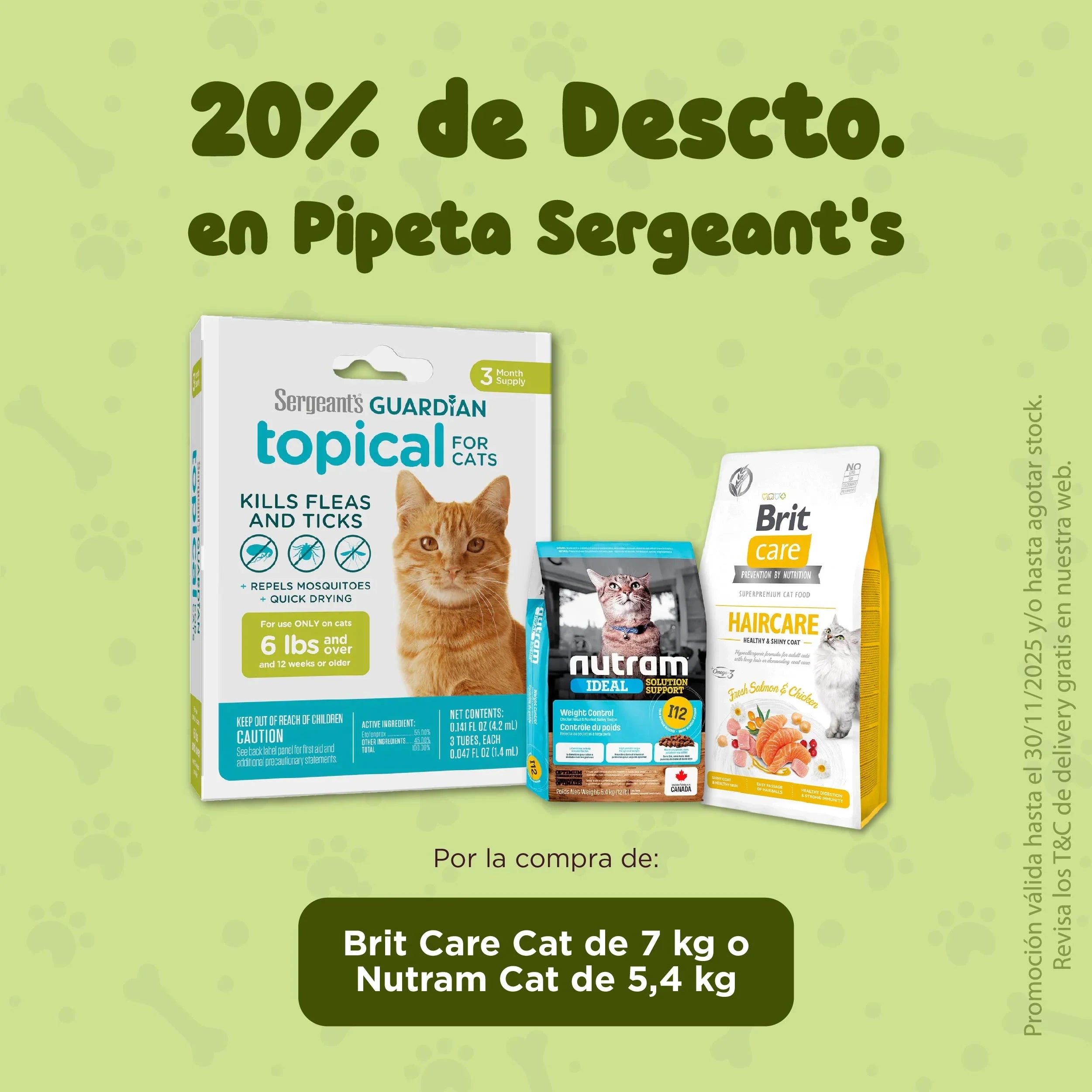 20% Off pipeta Sergeant's por compras en Nutram 5.4kg o Brit Care Cat 7kg