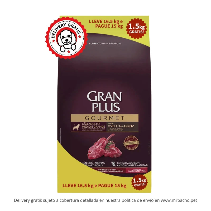Gran Plus Gourmet Perro Adulto Raza Mediana y Grande Cordero y Arroz
