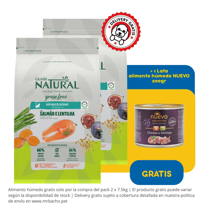 Guabi Natural Grain-Free Gato Adulto Castrado Salmón y Lentejas