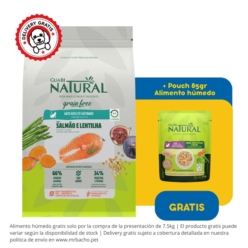 Guabi Natural Grain-Free Gato Adulto Castrado Salmón y Lentejas