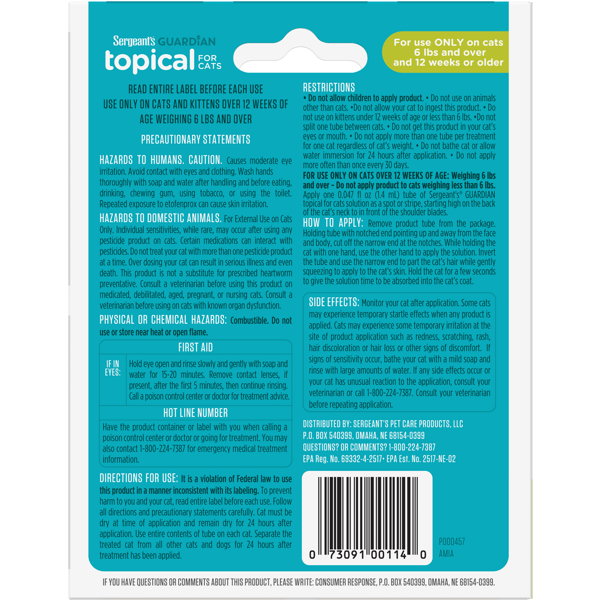 Sergeant’s Guardian Topical - Pipeta para gatos de 2.72kg a más (3 und)